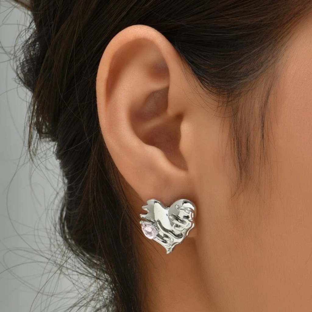 Awesome Metallic Melty Drip Jeweled Heart Stud Earrings